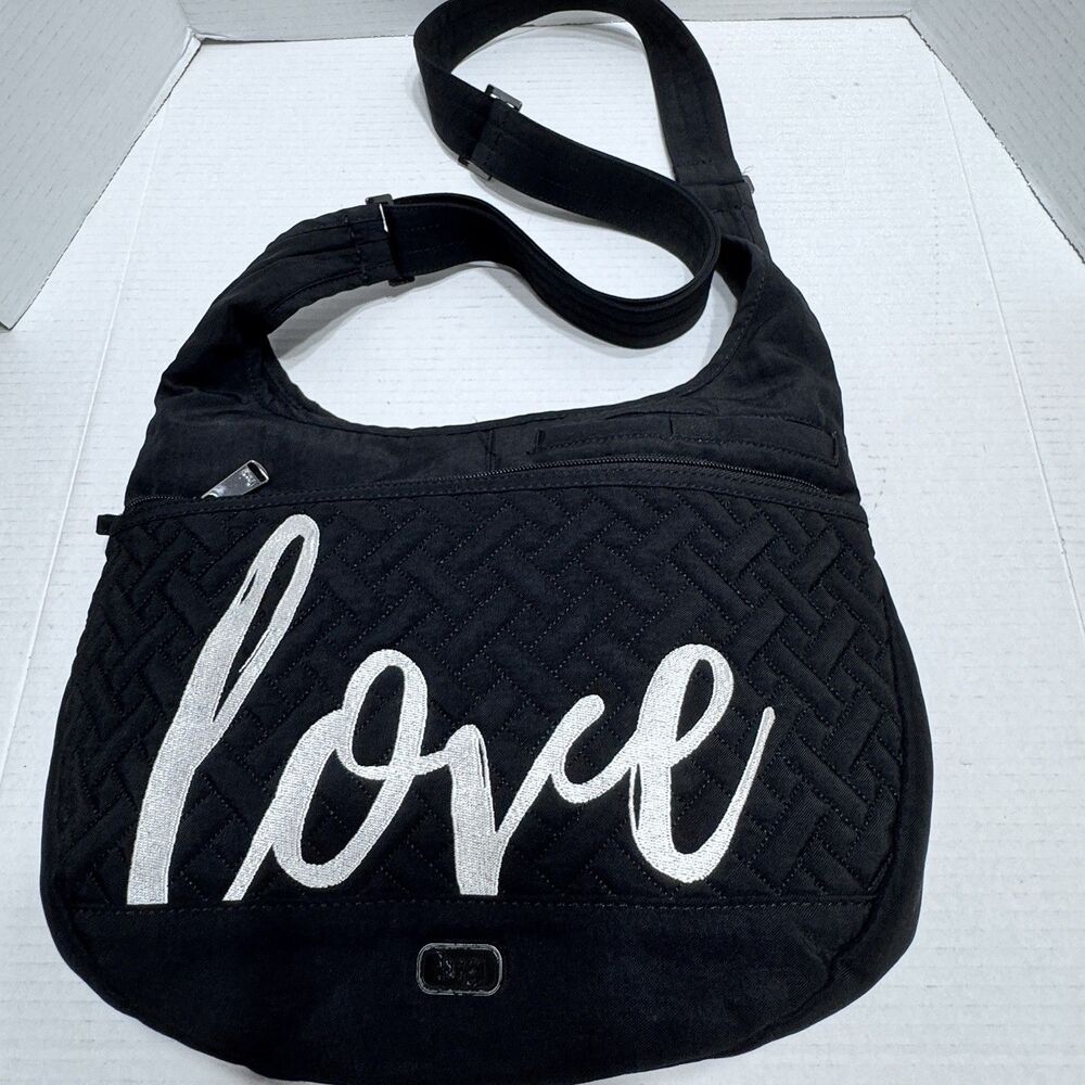 Lug Canopy LOVE Black Nylon Crossbody Hobo Bag Adjustable Strap RFID 8989 Purse